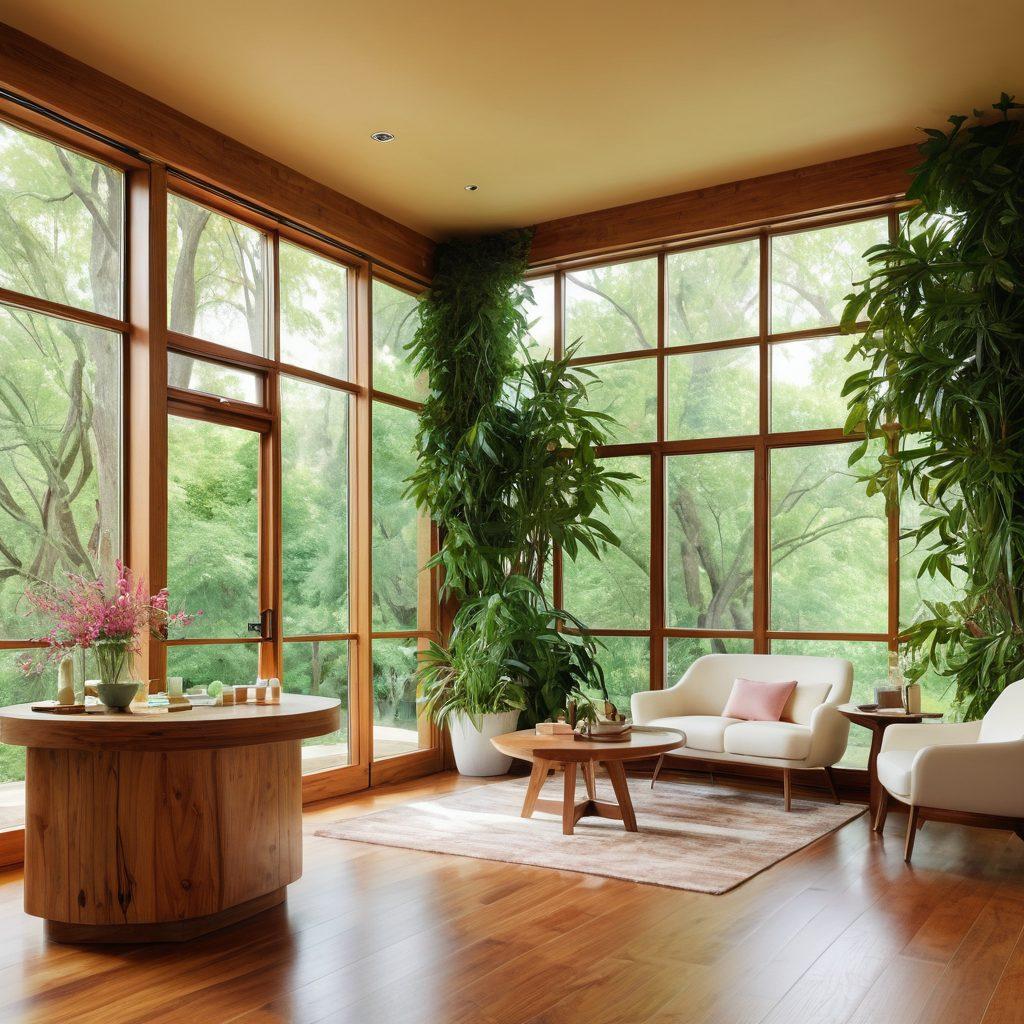 A serene clinic setting showcasing a diverse team of dermatologists discussing anti-aging treatments while surrounded by plants and soothing colors. Incorporate elements of oncology, such as DNA strands and cancer awareness ribbons subtly integrated into the decor. Highlight innovative skincare products that merge nature and science on a stylish wooden table. Bright, natural light filtering through large windows creates a warm and inviting atmosphere. super-realistic. vibrant colors. soft focus.