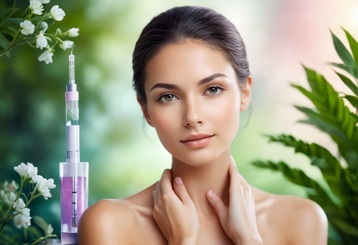 A serene woman with radiant, glowing skin, surrounded by advanced oncology technology and botanical elements symbolizing healing. Incorporate soft pastels and a gentle light aura reflecting hope and transformation. Include subtle imagery of medical instruments seamlessly blended with nature. Capture the essence of beauty intertwined with medical advancements. super-realistic. vibrant colors. soft focus.