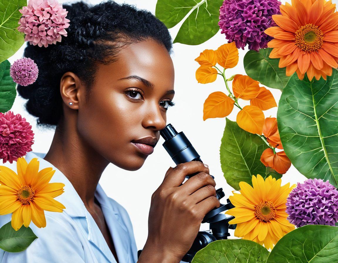 A vibrant collage depicting a journey from tumor cells to beautiful, healthy skin tones, featuring a scientist examining cells through a microscope, vibrant skin tones radiating outwards, and intertwined DNA strands symbolizing research progress. Include elements of nature, representing healing, like leaves and flowers. The overall tone should inspire hope and resilience. super-realistic. vibrant colors. white background.